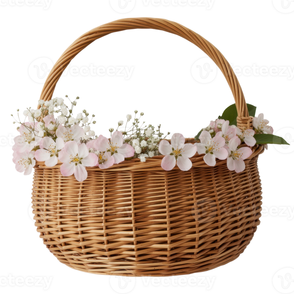 Basket Filled With Delicate Pink Flowers And Green Leaves on Transparent Background png