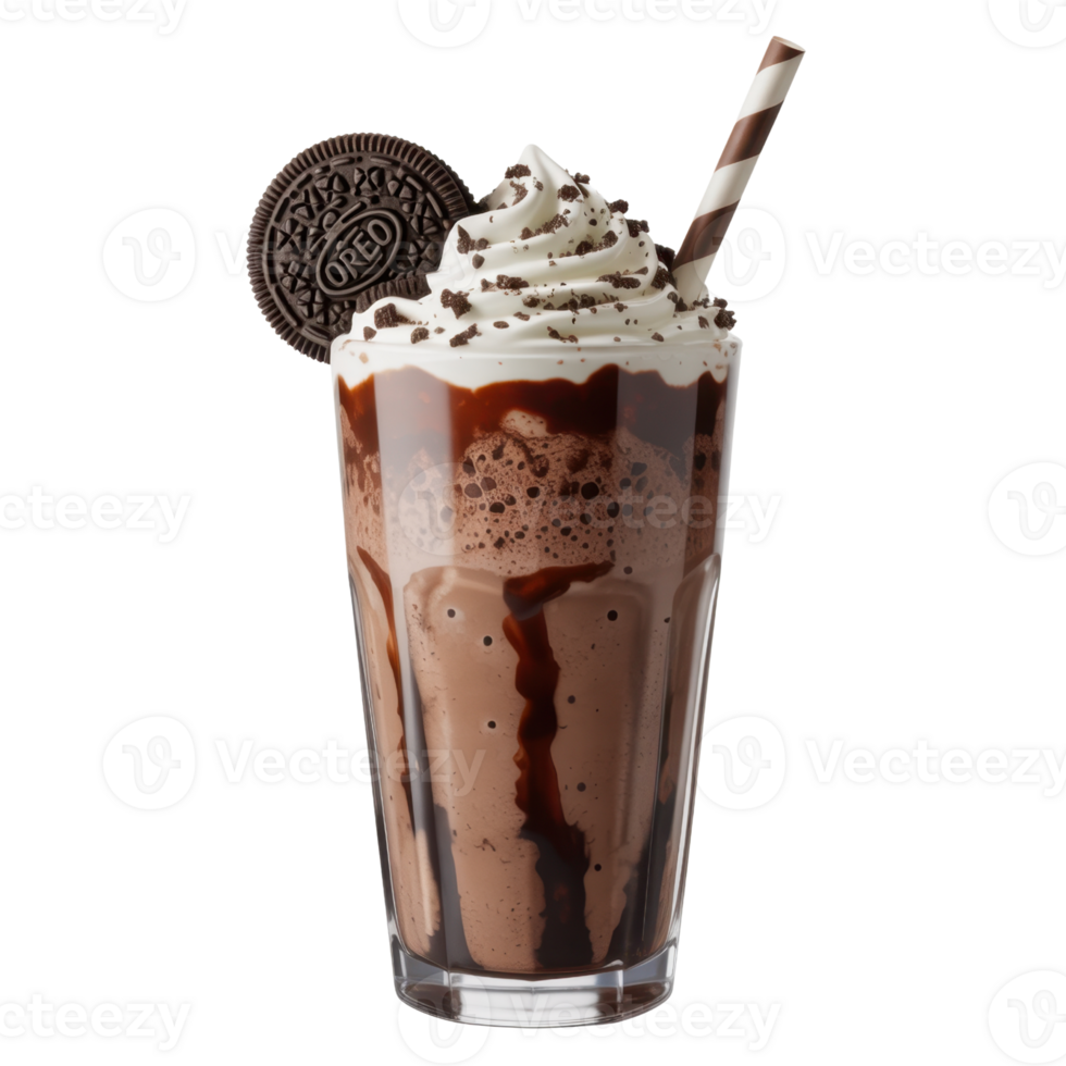 Chocolate Milkshake Topped with Whipped Cream and Cookie in Tall Glass on Transparent Background png
