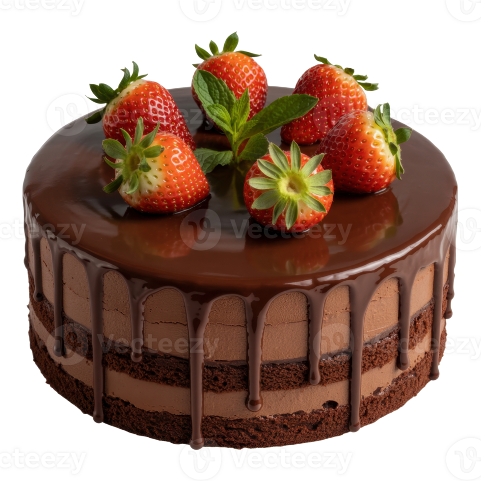 Chocolate Cake Topped with Fresh Strawberries and Mint on Transparent Background png