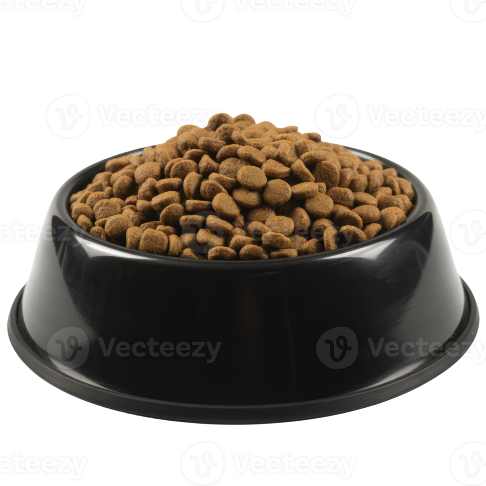Closeup Of A Black Pet Food Bowl Filled With Brown Kibble On A Transparent Background png