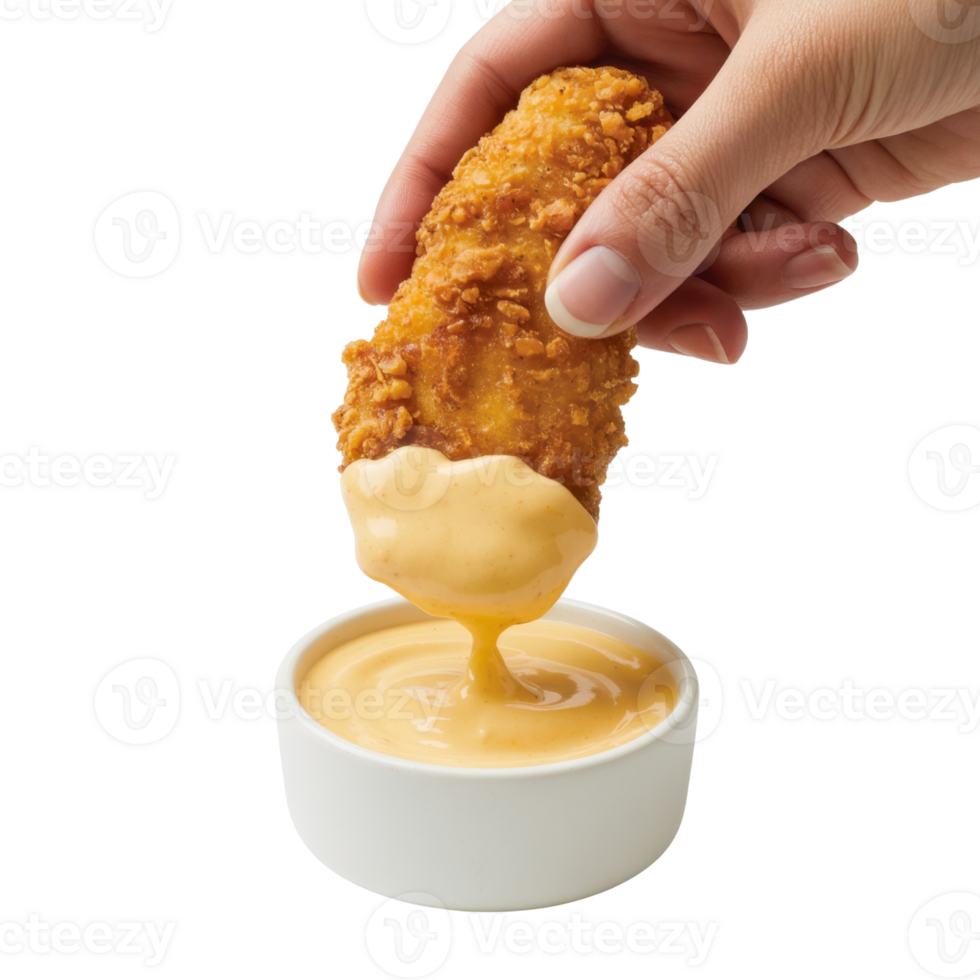 Hand Dipping Crispy Fried Chicken Tender into Creamy Sauce On A Transparent Background png