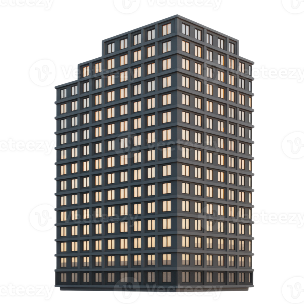Modern High-Rise Structure with Luminous Windows and Sleek Dark Facade on Transparent Background png