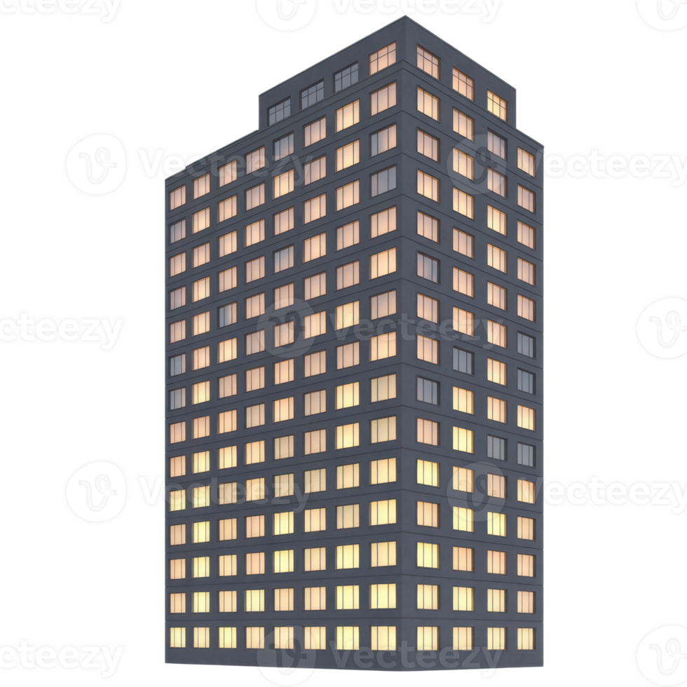 Modern High-Rise Apartment Building With Illuminated Facade on Transparent Background png