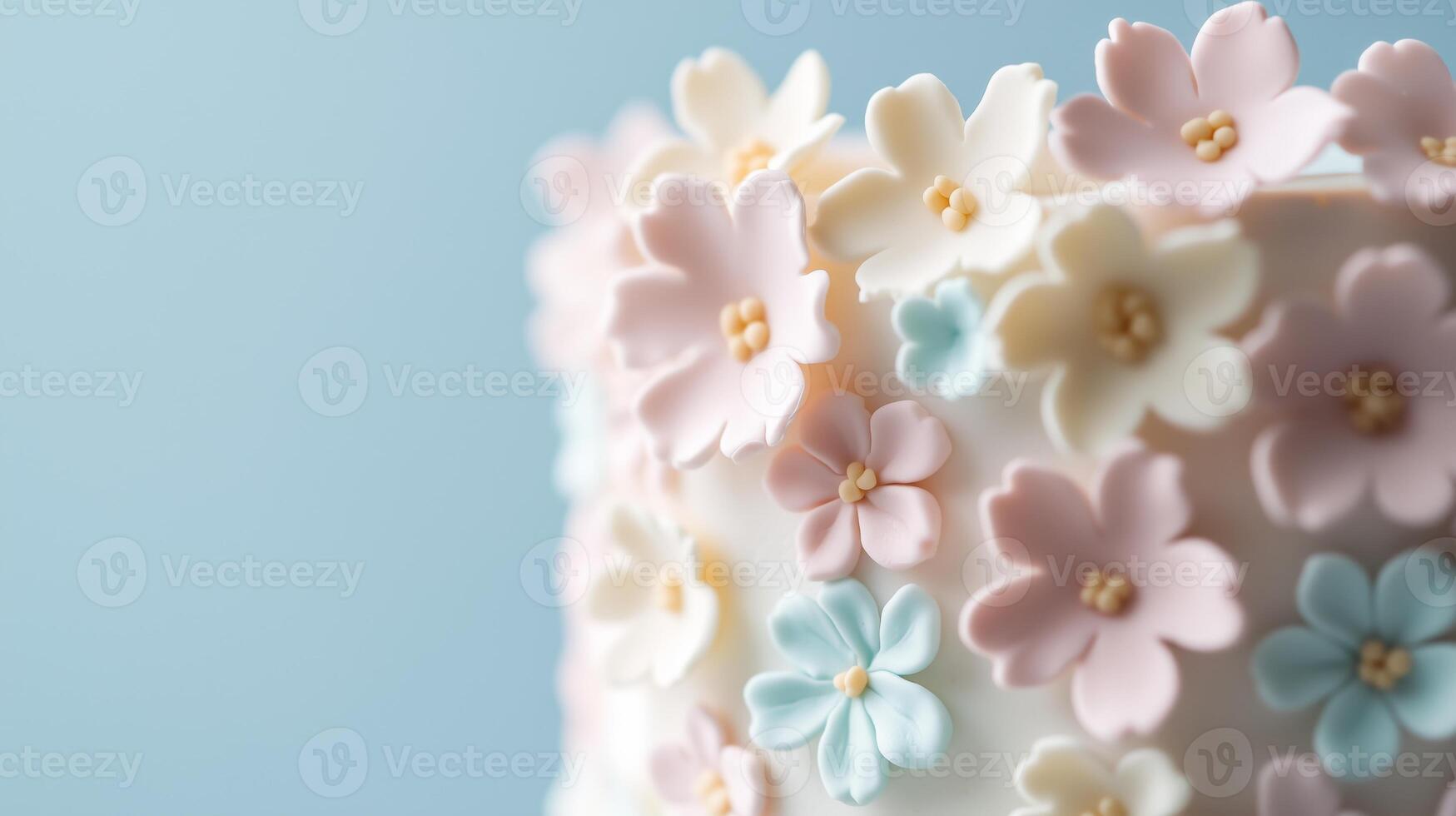 A close up of a cake with white and pink flowers photo