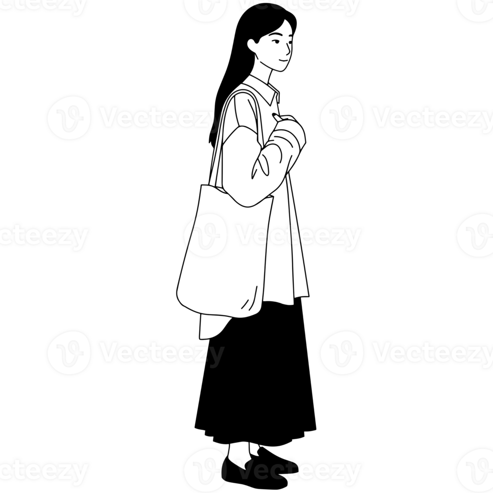 Line art illustration of a woman with a tote bag png