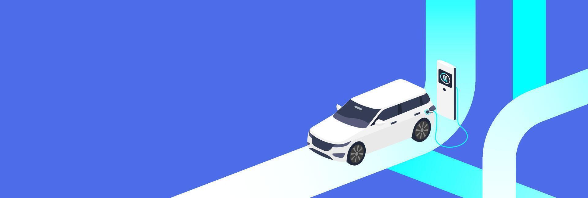 EV Technology concept featuring a white electric SUV charging at a modern station on a futuristic blue road, symbolizing innovation in clean and smart transportation. vector
