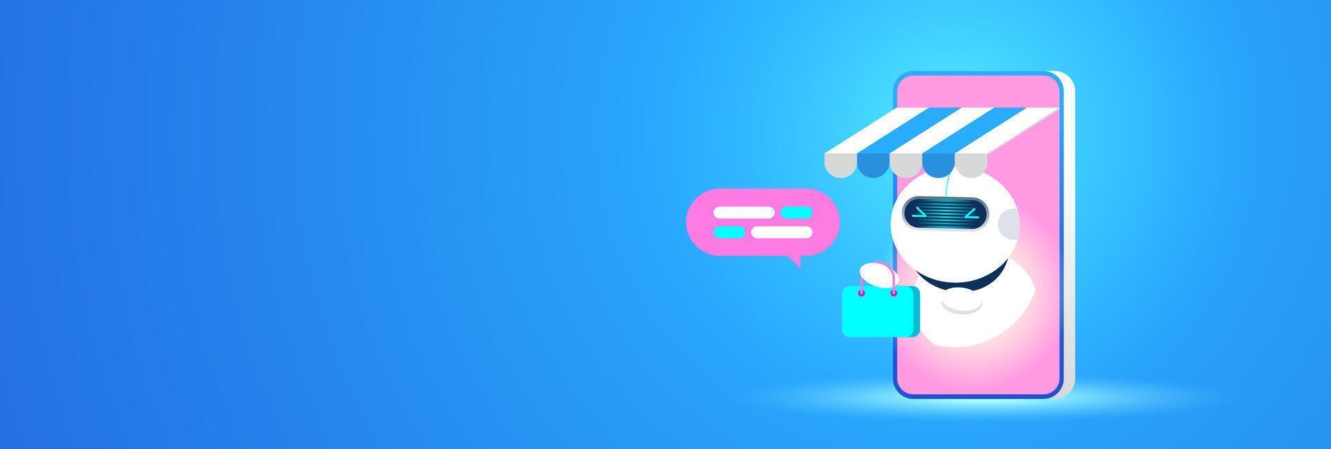 Online Shopping Assistant chatbot emerges from mobile phone with a shopping bag, representing AI-based e-commerce support and virtual customer service on digital platforms. vector