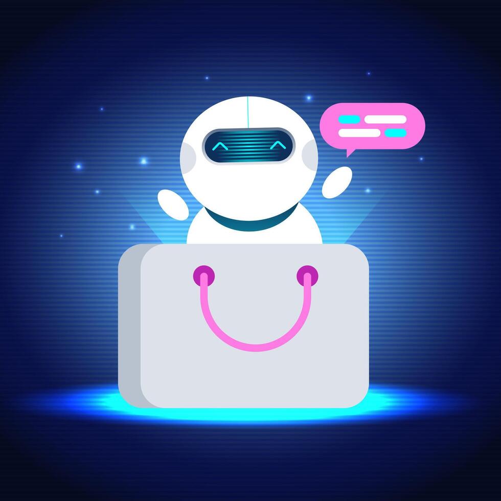 ai asistente diseñado como un linda robot estallar fuera de un compras bolsa, interactuando vía habla burbuja, Perfecto para ilustrando digital compras y comercio electrónico ayuda. vector