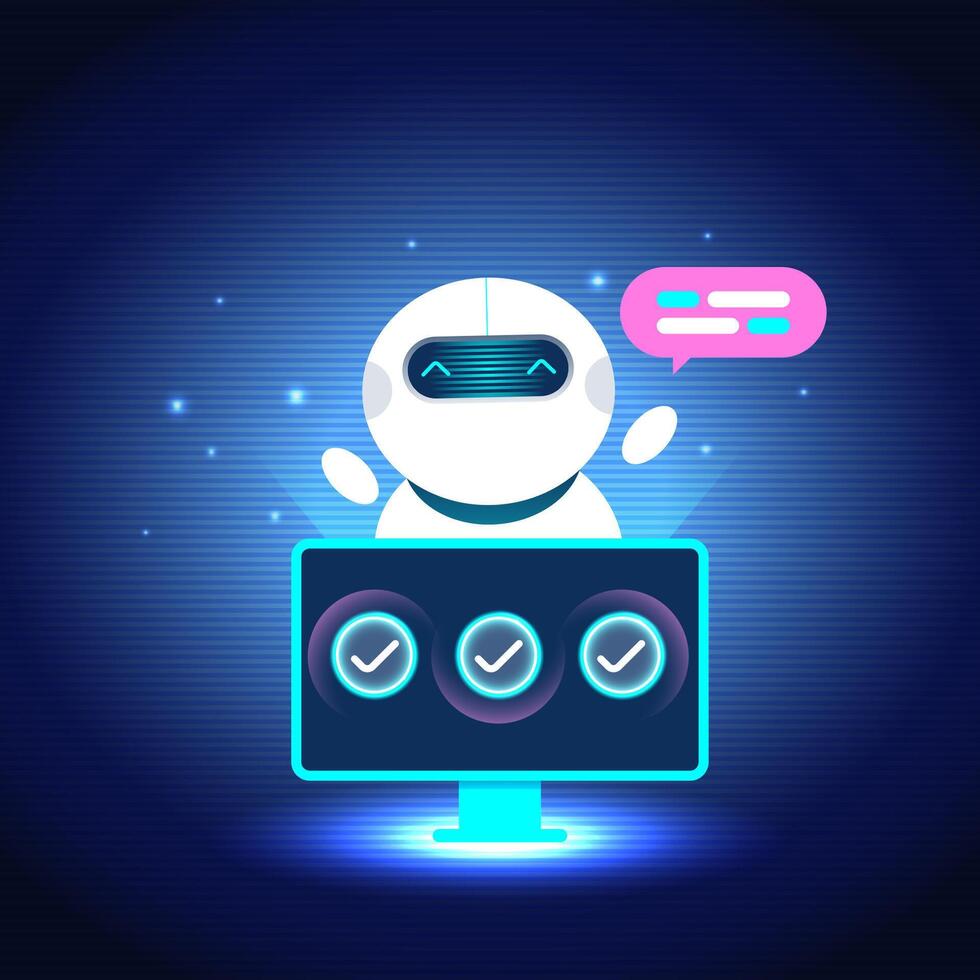 AI Assistant chatbot character appears from a glowing screen, showing task completion with checkmarks and a speech bubble on a futuristic digital background. vector