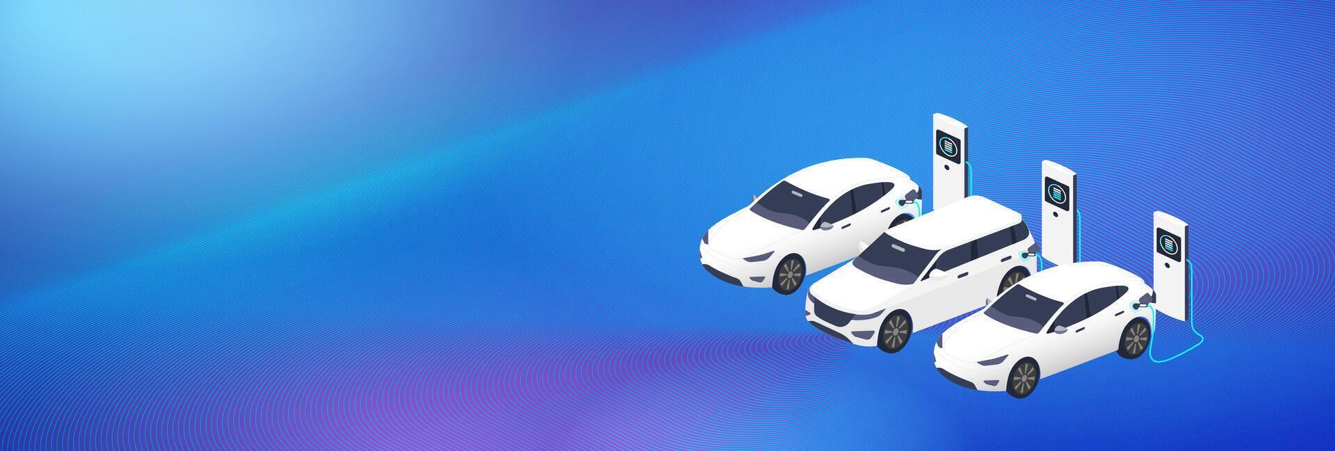 EV Technology concept with white electric cars charging at modern stations on a futuristic blue background. Clean energy and sustainable transport innovation. vector