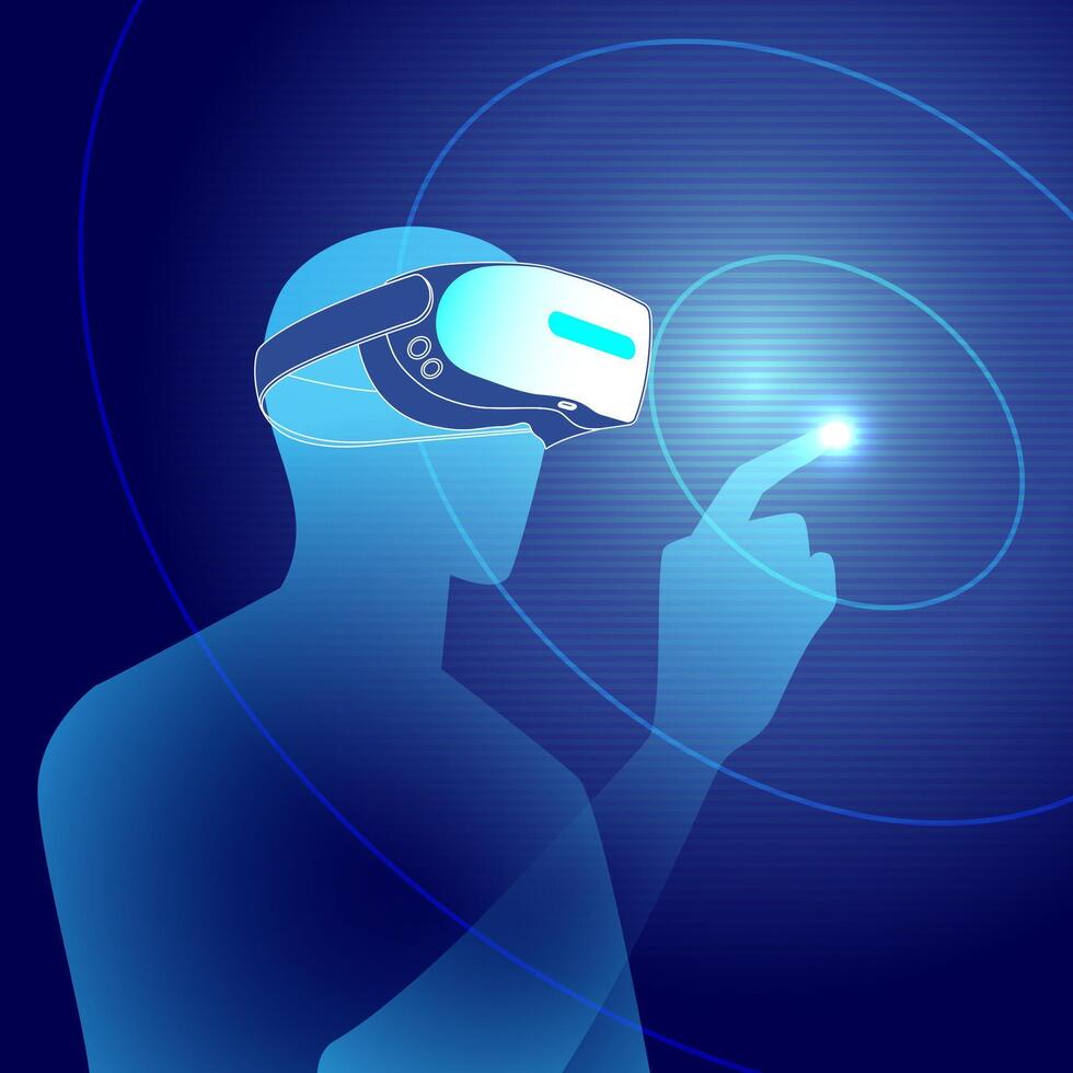 VR Technology concept with a person using virtual reality headset, interacting with glowing futuristic interface in a digital blue-themed environment. vector