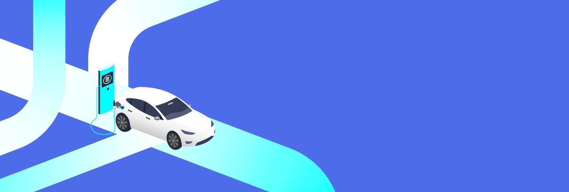 EV Technology illustration with electric car charging on a glowing blue road. Represents clean energy, smart mobility, and future electric vehicle design. vector