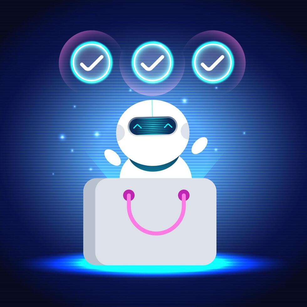 ai asistente diseñado como un linda robot estallar fuera de un compras bolsa, con neón marcas de verificación, codificación gráficos, y compras elementos, representando eficiente comercio electrónico soluciones vector