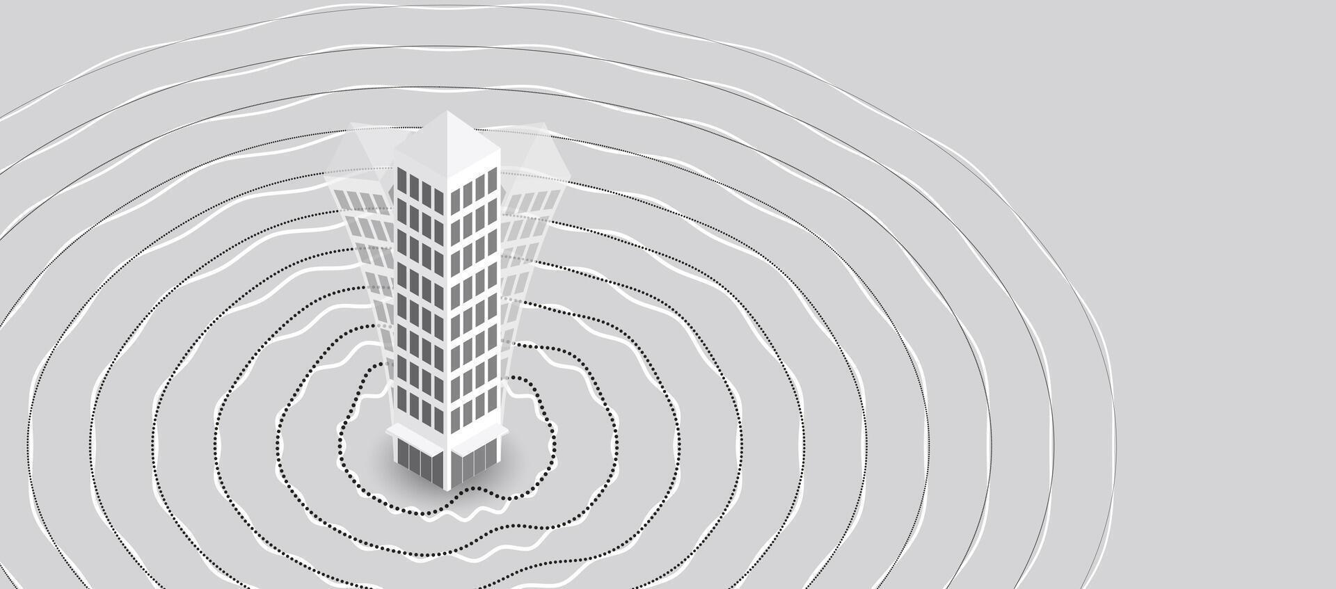 Earthquake concept with abstract shockwave lines around a central skyscraper. Modern isometric design for seismic event or natural disaster theme. vector