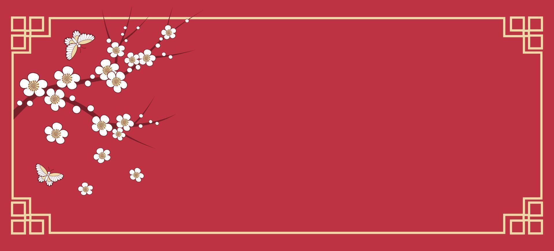 Traditional Chinese Frame with Plum blossom and Butterfly on red background. Happy Lunar New Year banner. vector