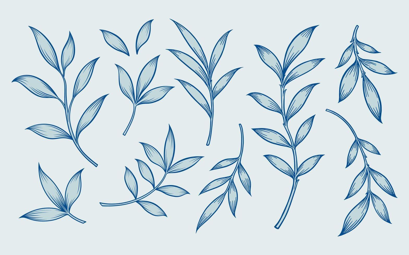 Set of hand drawn leaves. Blue foliages collection. Botanical illustration. vector