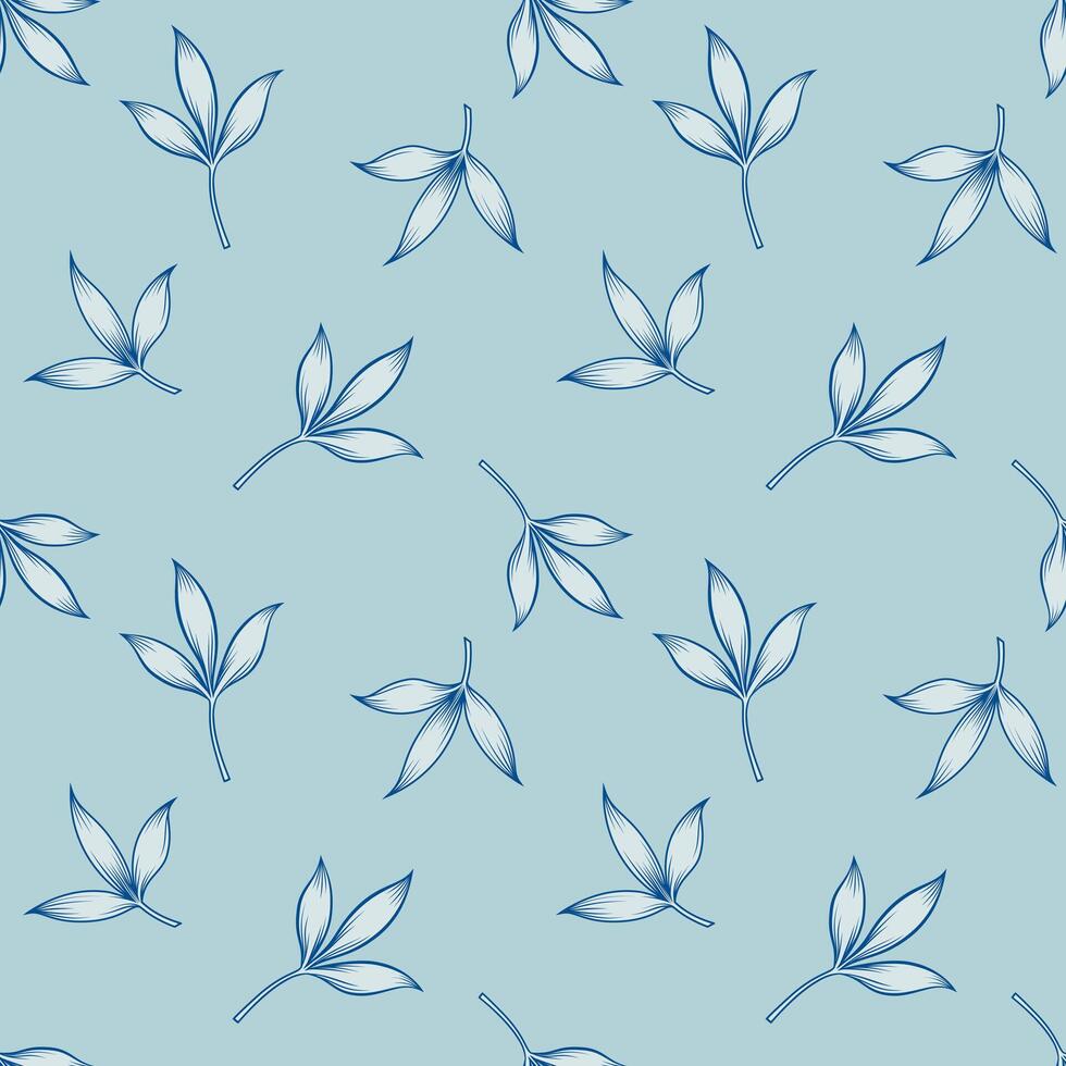 Seamless pattern with tiny leaves on light blue background. Hand drawn vintage foliage wallpaper. vector