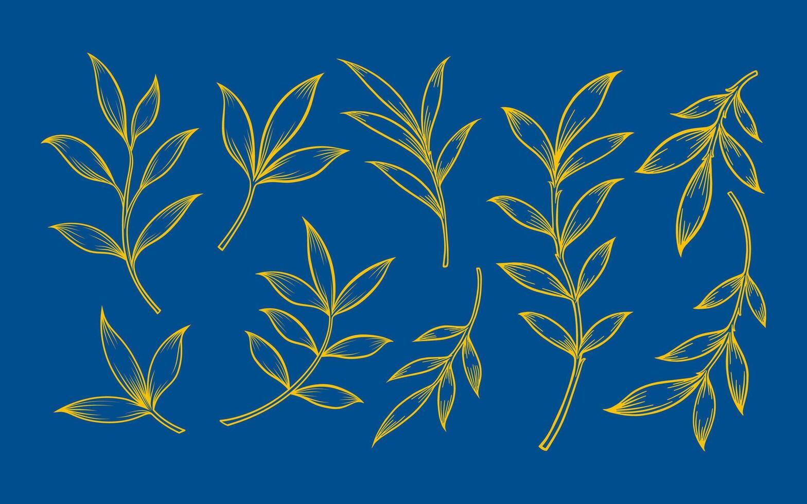Set of Hand drawn gold leaves on dark blue background. Collection of Yellow foliage outline illustration. vector