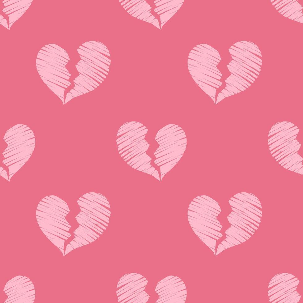 Seamless pattern with broken hearts sketch on pink background. vector