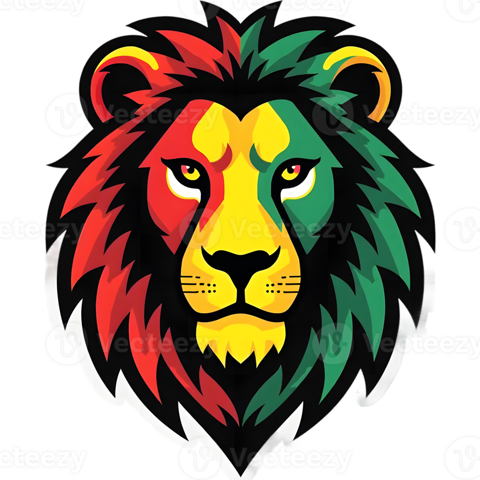 A colorful lion with a black mane and a green and red face png