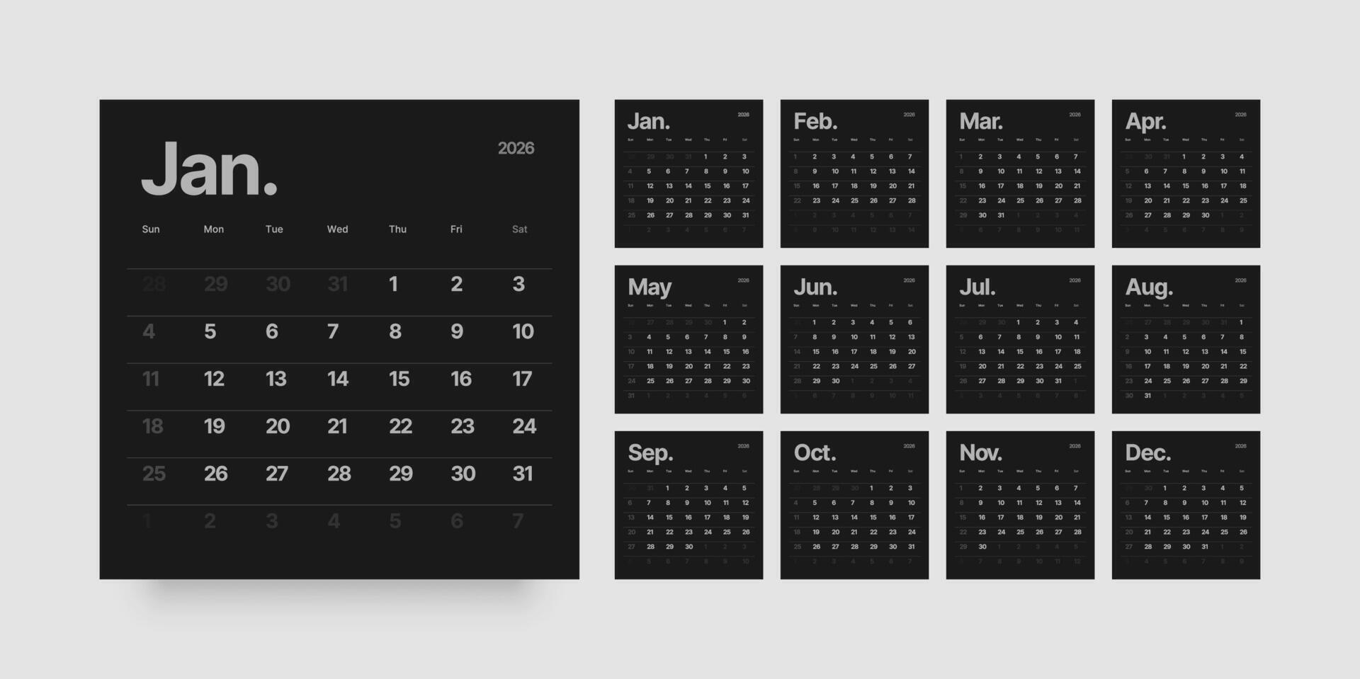 Monthly calendar layout for 2026 year. Planner Square diary for 2026 year in dark color. Week Starts on Sunday. vector