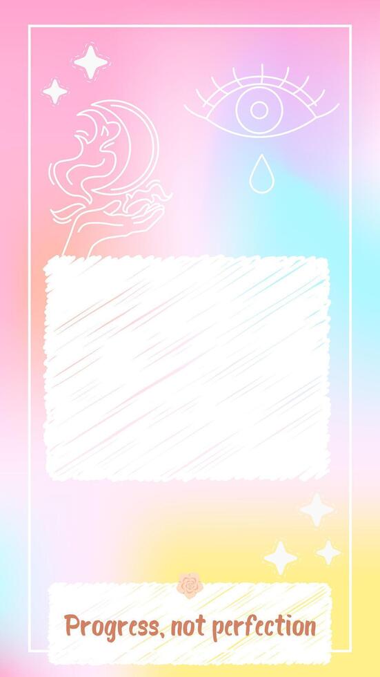 Vertical pastel template with hand holding moon, crying eye icon and Progress not perfection text. Motivational message with calm colors. Stock illustration in flat style. vector