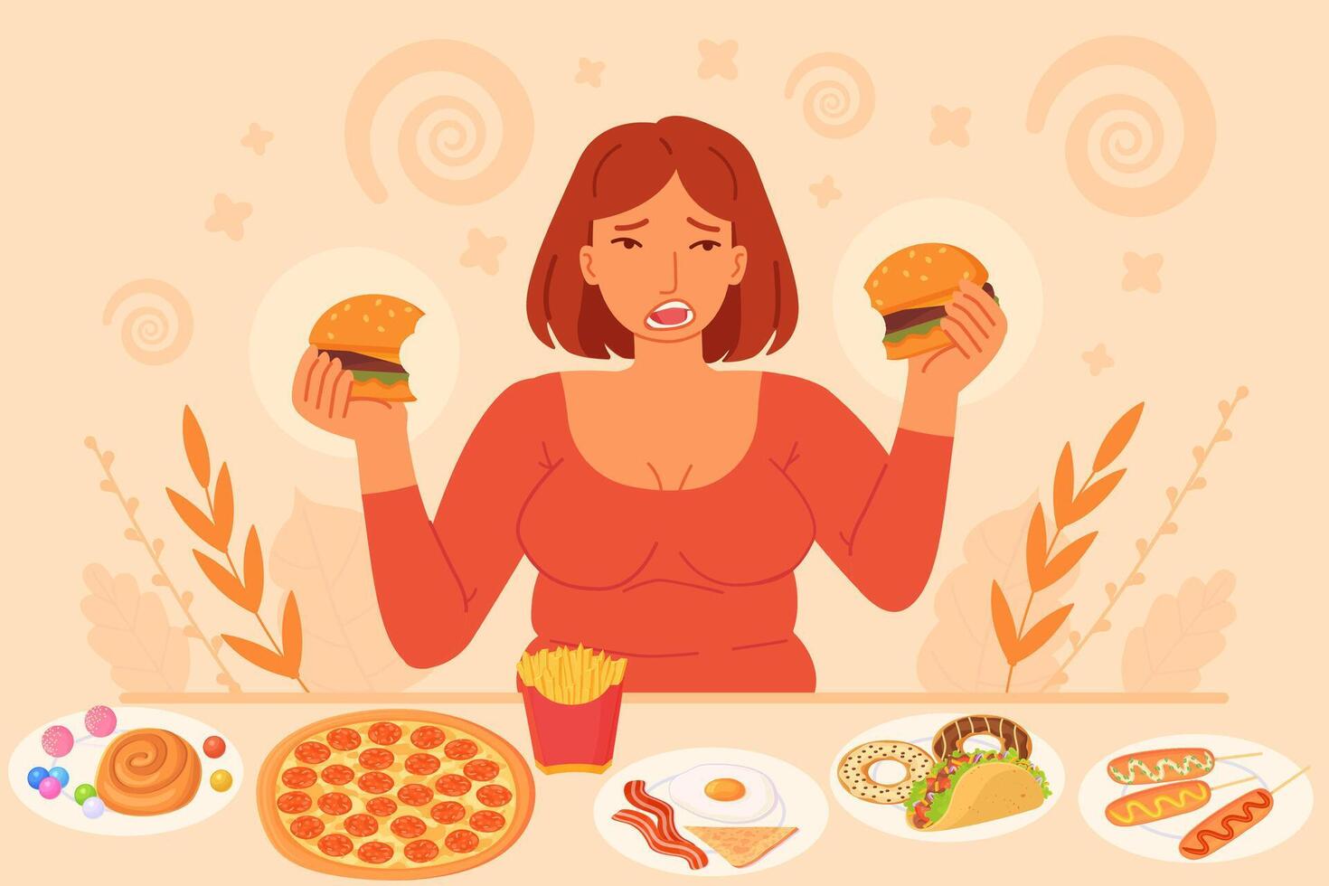 Upset woman surrounded by junk food holding burgers and looking confused. Concept of emotional eating and unhealthy choices. Stock illustration in cartoon style. vector