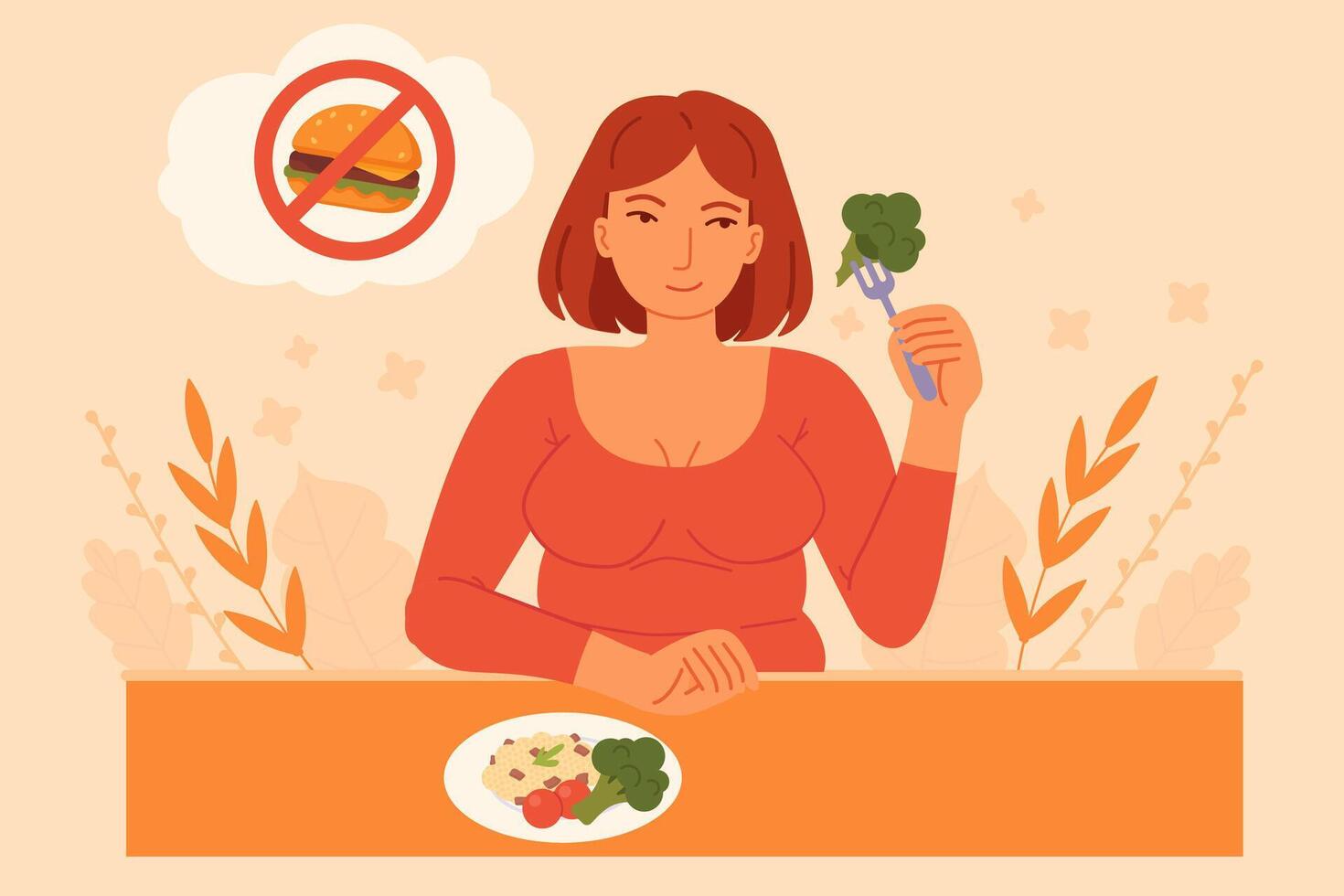 Smiling woman eating healthy vegetables and refusing fast food. Concept of clean eating and diet improvement. Stock illustration in cartoon style. vector