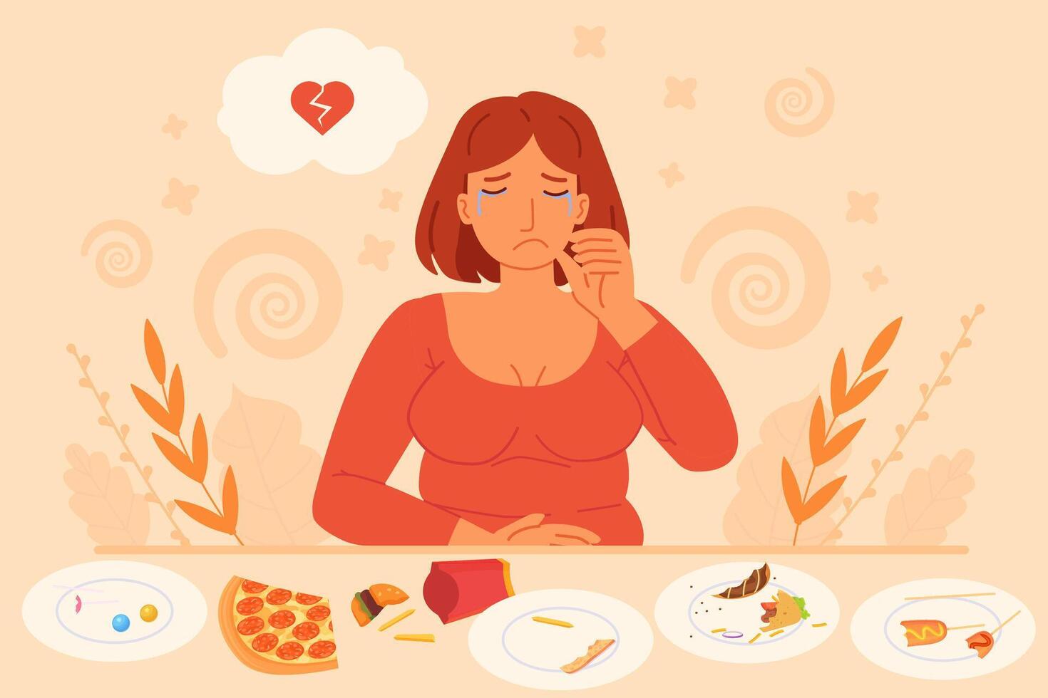 Sad woman crying after emotional binge eating surrounded by empty junk food plates. Concept of regret and eating disorder. Stock illustration in cartoon style. vector