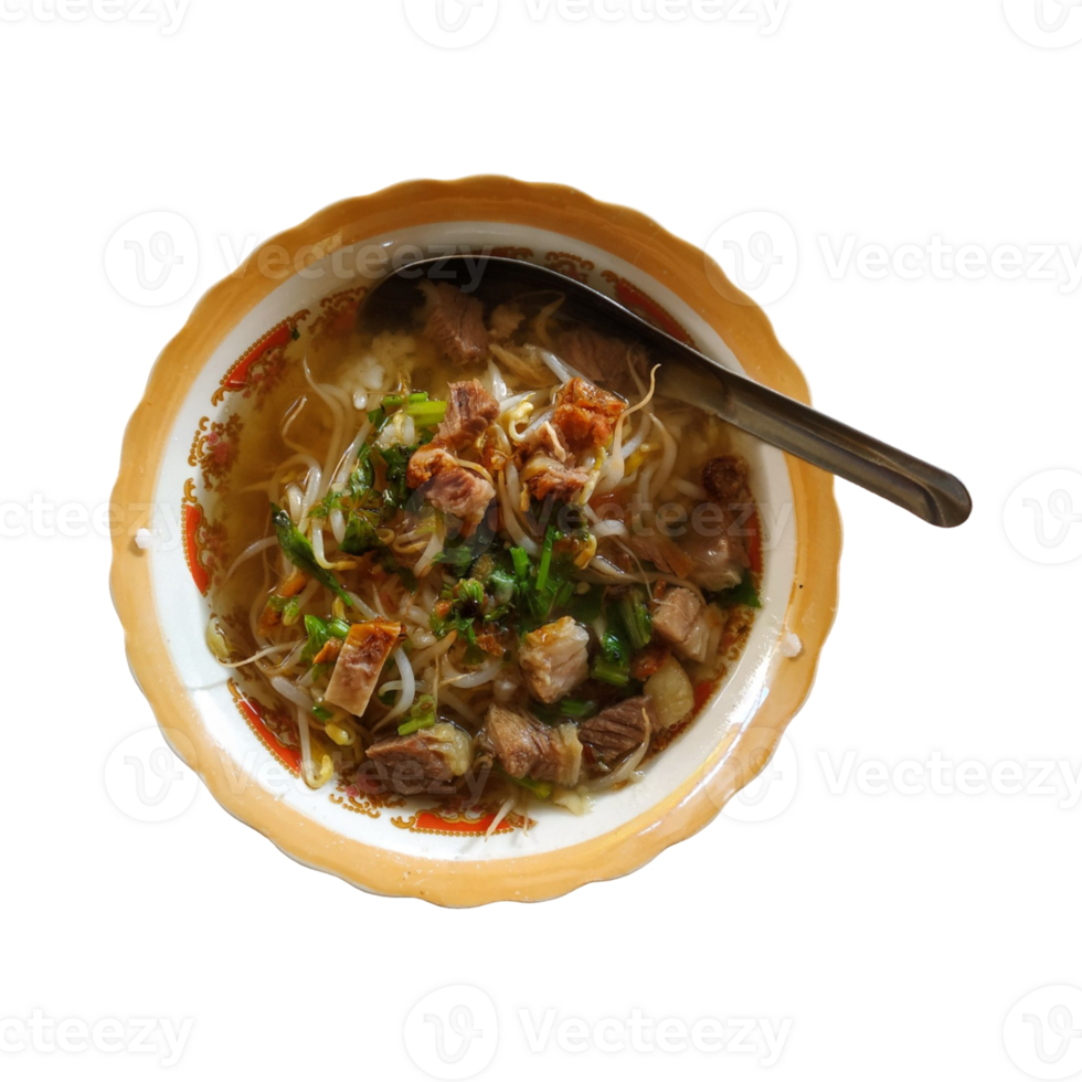 A traditional bowl of Soto Kwali from Kartasura, served with beef chunks, bean sprouts, and herbs in a clear savory broth. png