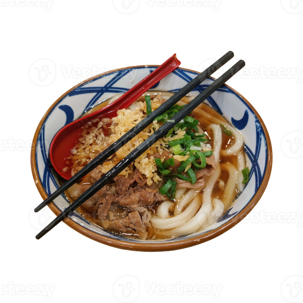 A bowl of Japanese udon noodle soup with beef, green onions, and crispy tempura bits, served with chopsticks and a red spoon, isolated on a transparent background. png