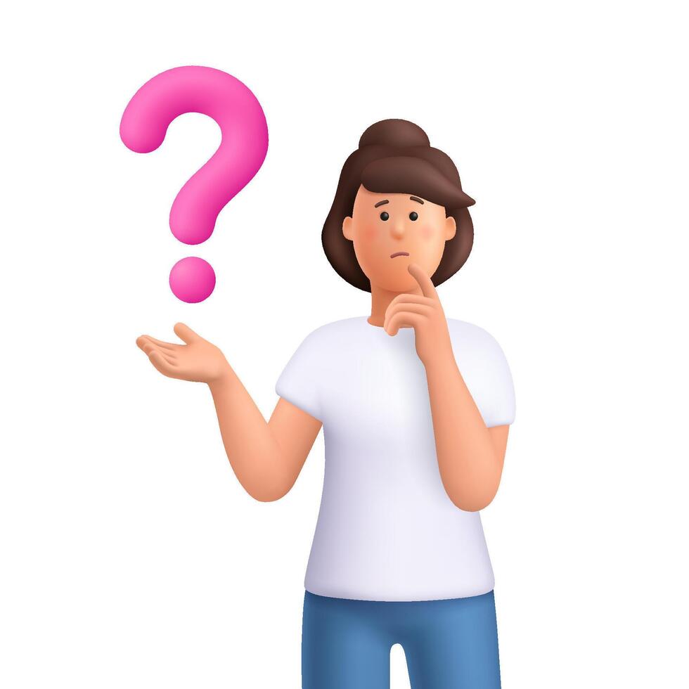 Confused woman Jane thinking in a thoughtful pose with question mark. Choice, problem solving concept. 3d people character. Cartoon minimal style. vector