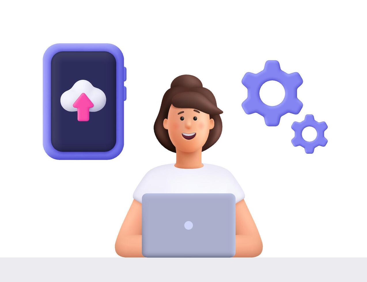 Young smiling woman Jane cloud uploading and transferring data from computer to cloud computing. Digital technology, data information concept. 3d people character. Cartoon minimal style. vector