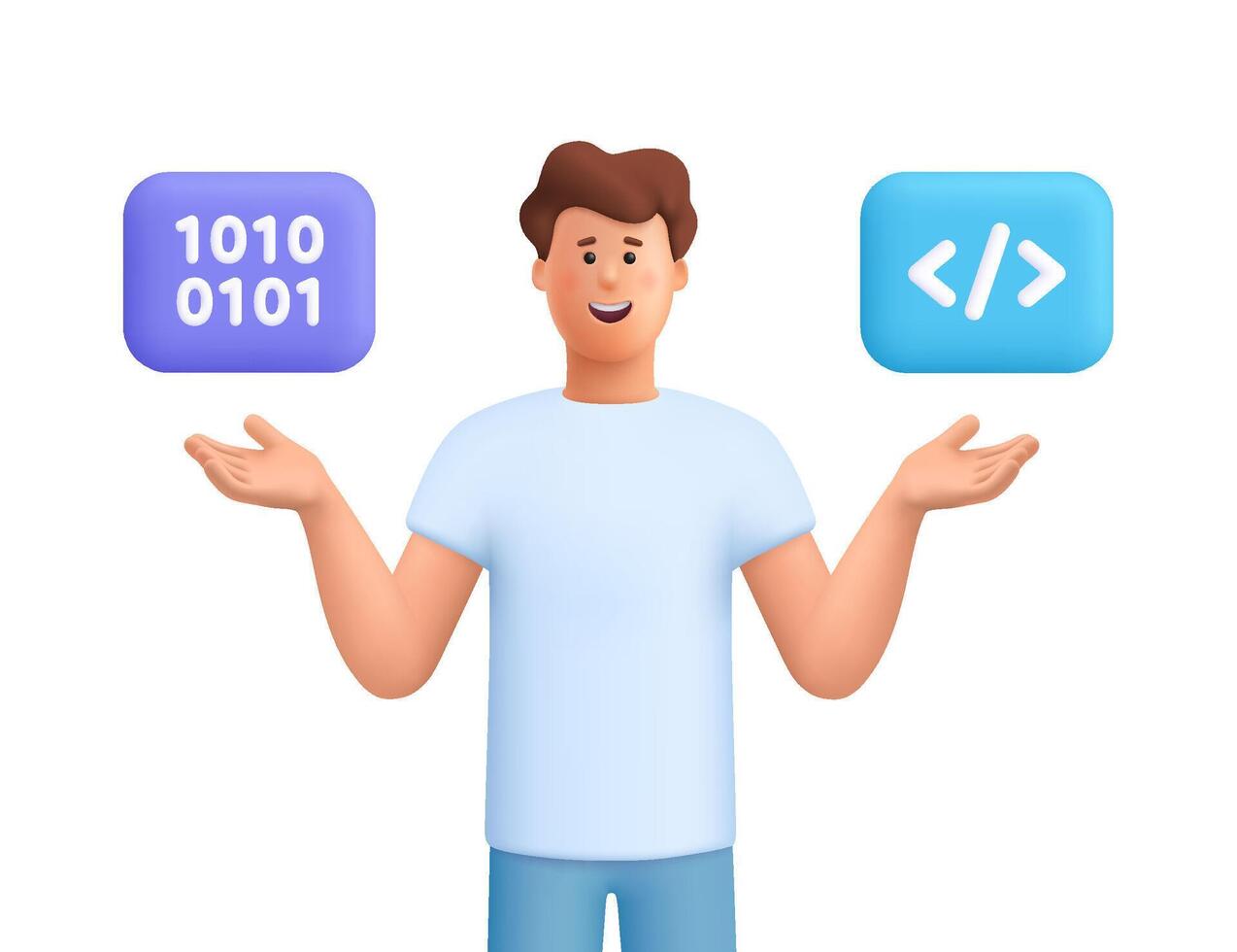 Young smiling man James pointing to programming code and binary code symbol. Web development, programming language and coding concept. 3d people character. Cartoon minimal style. vector