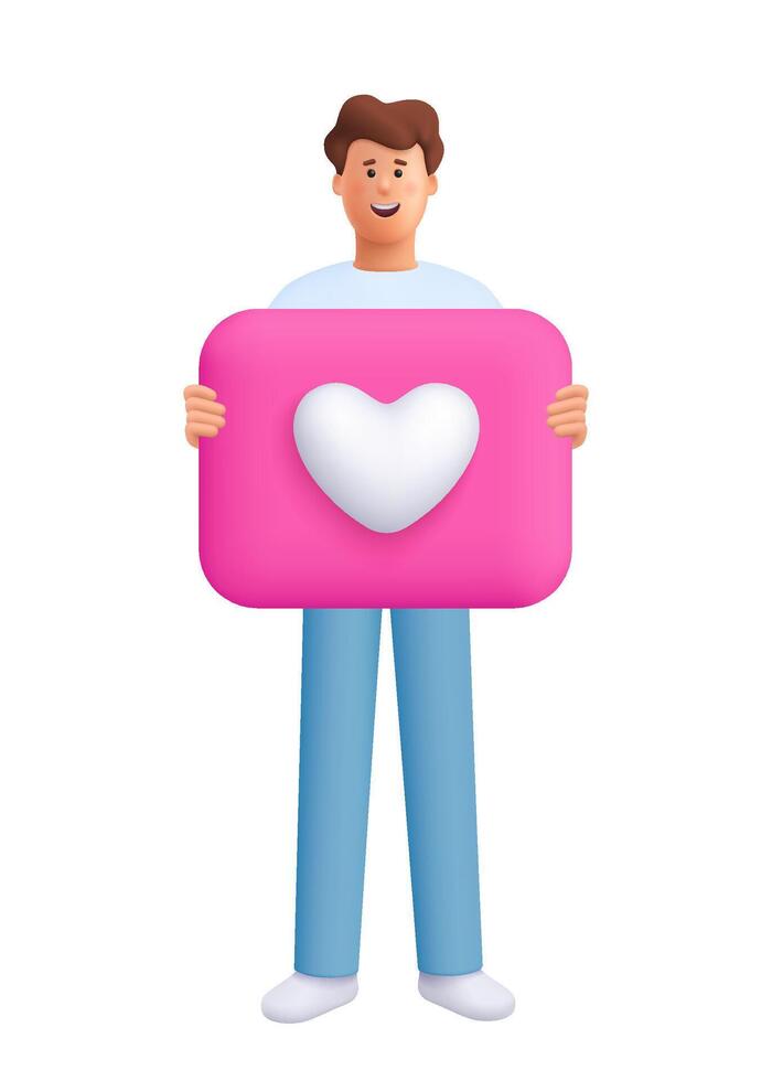 Young smiling man James holding banner with heart. Social media concept. 3d people character. Cartoon minimal style. vector