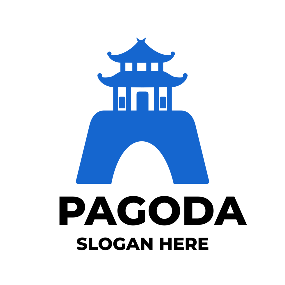 A blue logo with a pagoda on top of a hill png
