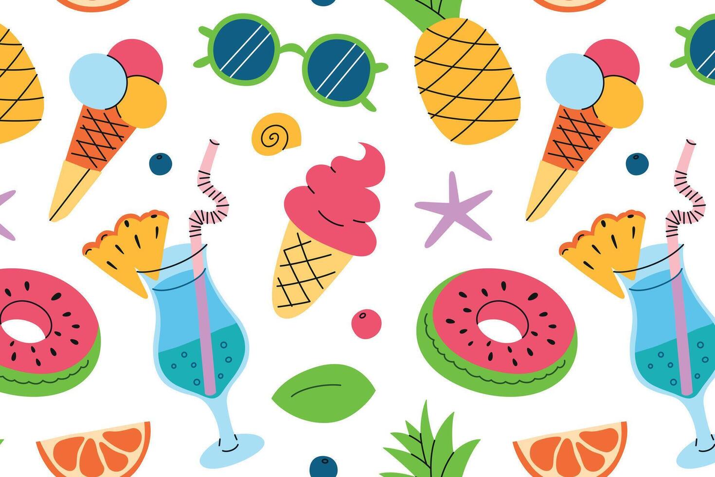 Bright tropical pattern with pineapple juice lemonade, watermelon pool float, ice cream, sunglasses, orange, leaves and seashells. Summer flat cartoon background, seamless illustration vector