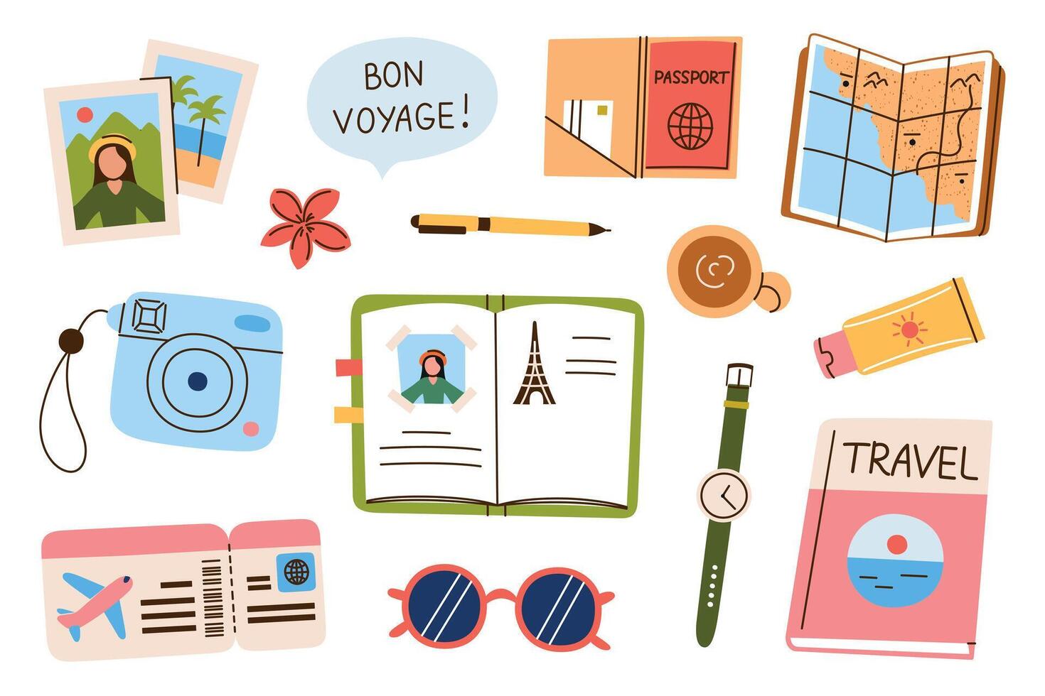 Set about travel journal and trip memories, flat cartoon notebook with photos, passport, plane ticket, travel book, map, sunglasses. illustrations for travel blogs, postcards, books and posters vector