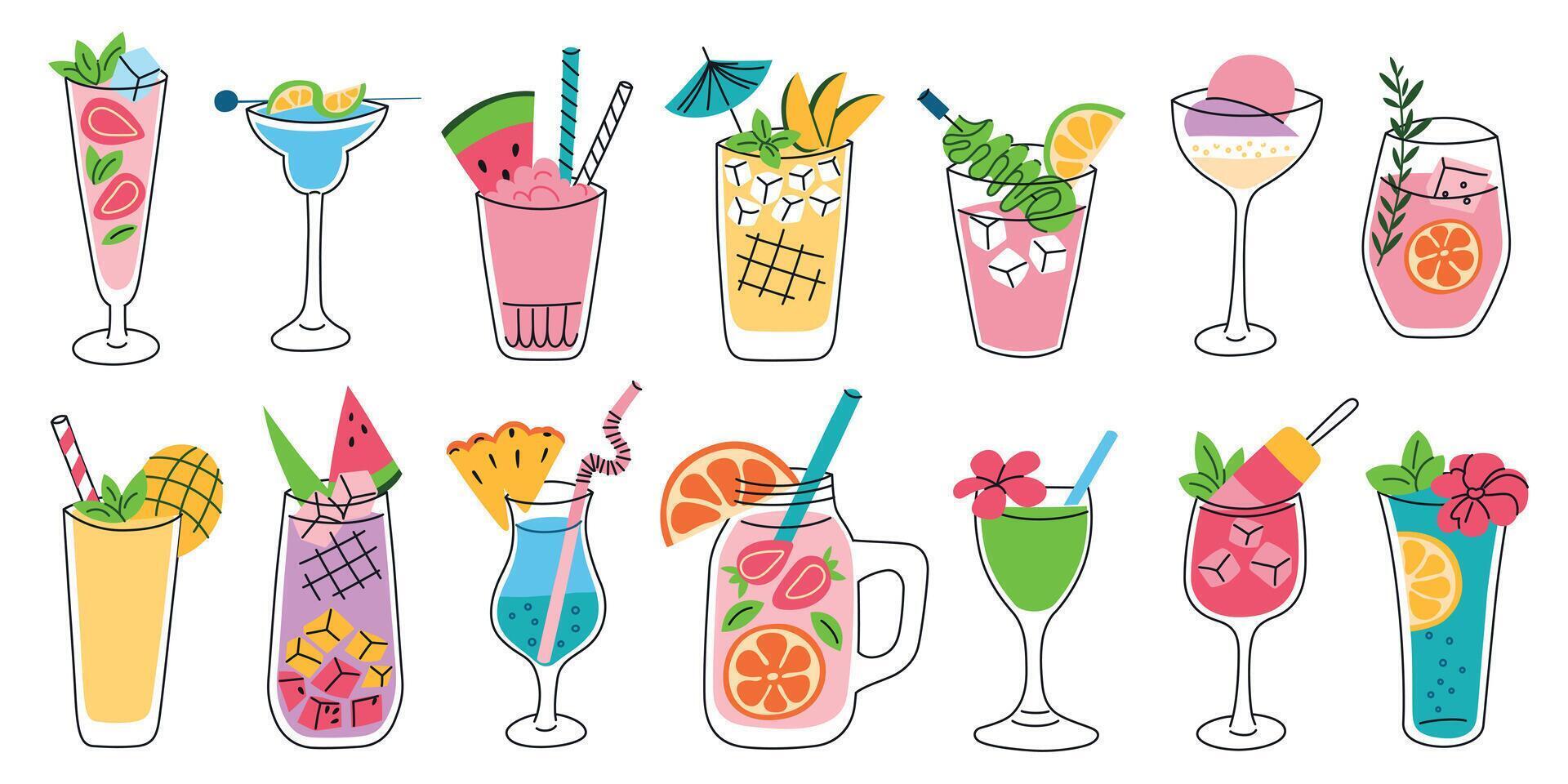 illustration set of summer lemonades, fruity cocktails and mocktails in glass cups. Flat cartoon tropical drinks with ice, berries, herbs, mango, strawberry, and citrus, trendy bright icons vector