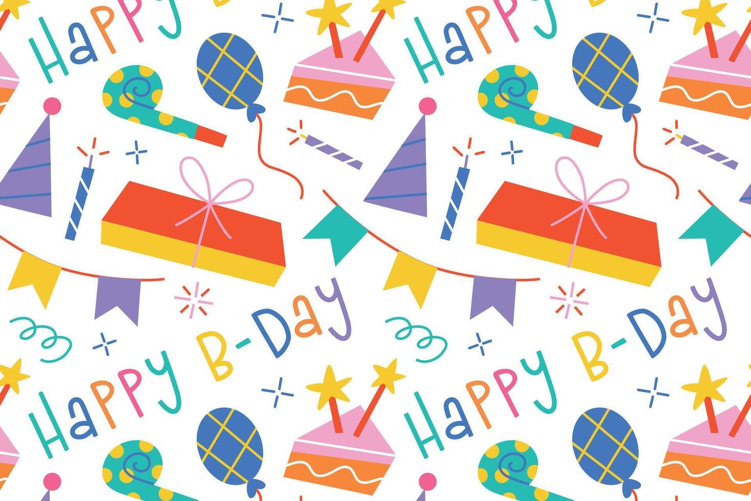 Seamless birthday pattern. Hand lettering happy b-day, cake with candles, party poppers, balloons, confetti. Cartoon illustrations. Kids wrapping paper, party decor, greeting cards, posters vector