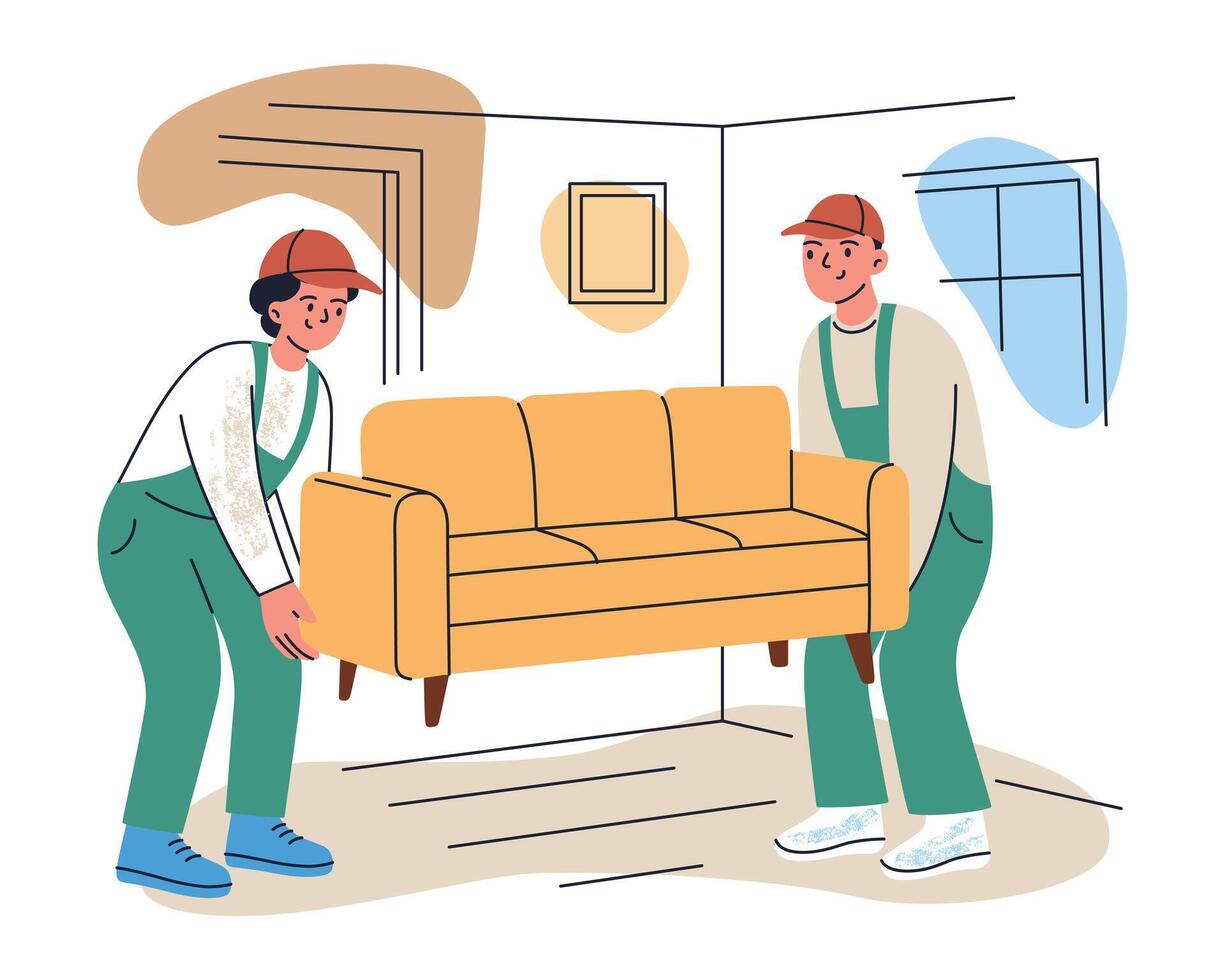 Flat illustration of movers in overalls and caps carrying sofa, transporting furniture during relocation to new home. Cartoon men characters. Moving service ads, blog visuals, and web design vector