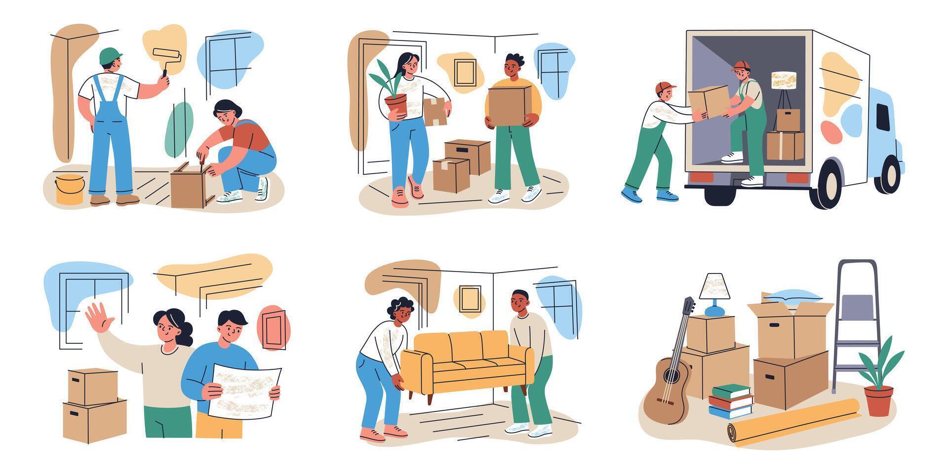 Flat cartoon illustration set, people during home move. Movers load truck, couple carries boxes into new house, plan renovations, assemble furniture. Moving and real estate ads, relocation vector
