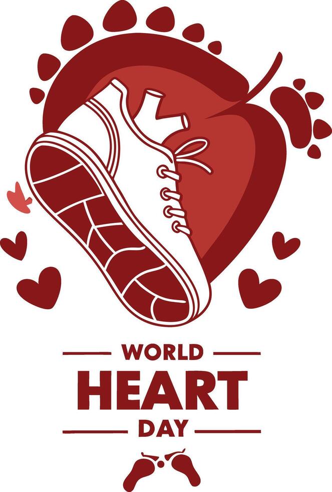 World Heart Day, Representing the concept of heart health, the image features a running shoe, a leaf, a heart, and footprints, set against a clean background. It is suitable for health campaigns. vector