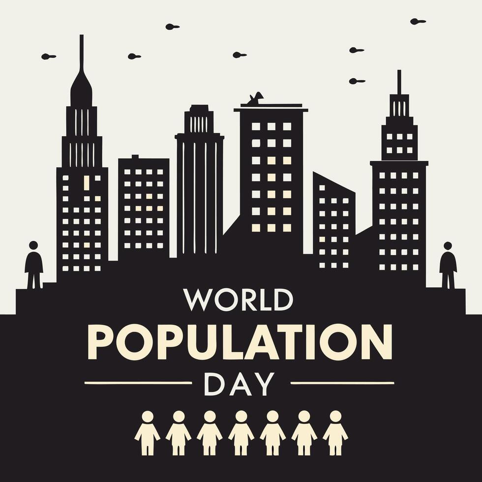 World Population Day Illustration, Conceptual illustration for World Population Day featuring a city skyline and stylized human figures, symbolizing the global population in a world-themed event. vector