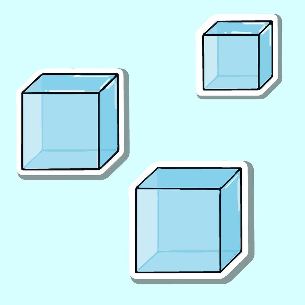 Three glass cubes with simple geometric shapes, transparent surfaces, minimalistic style, clean lines, and soft lighting, arranged on a plain background. vector