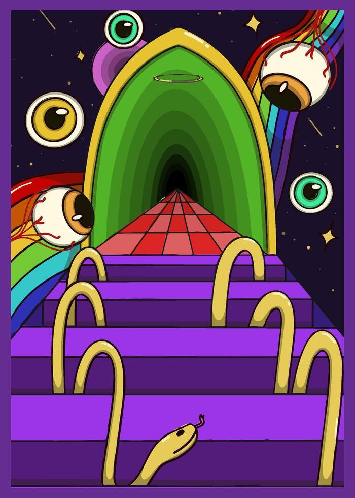 Psychedelic surreal illustration with floating eyeballs, a rainbow and tunnel, a red checkered path, and strange yellow snake-like forms on purple steps in a cosmic setting vector