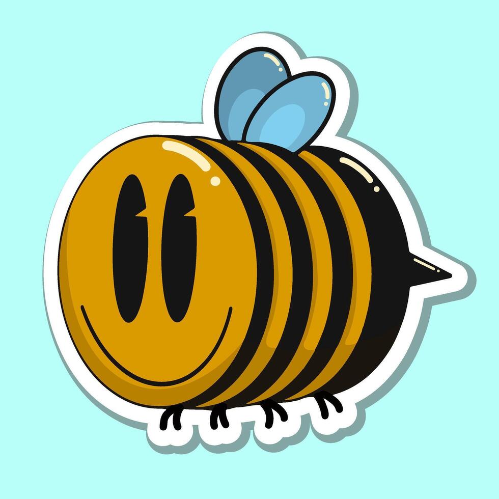 Psychedelic sticker. Bumblebee illustration with a smiling emoji face and graffiti tag-style text. Bold colors and surreal design create a vibrant, eye-catching composition. vector
