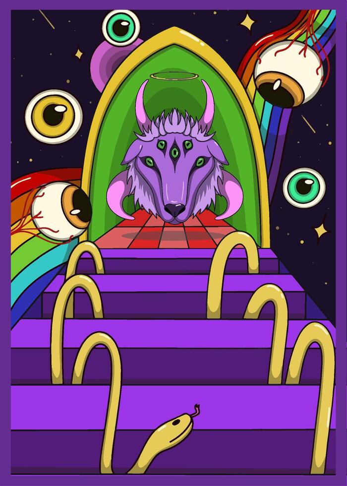 Psychedelic surreal illustration with floating eyeballs, rainbow tunnel, red checkered path, yellow snake-like forms, and a mystical goat head emerging from the tunnel above. vector