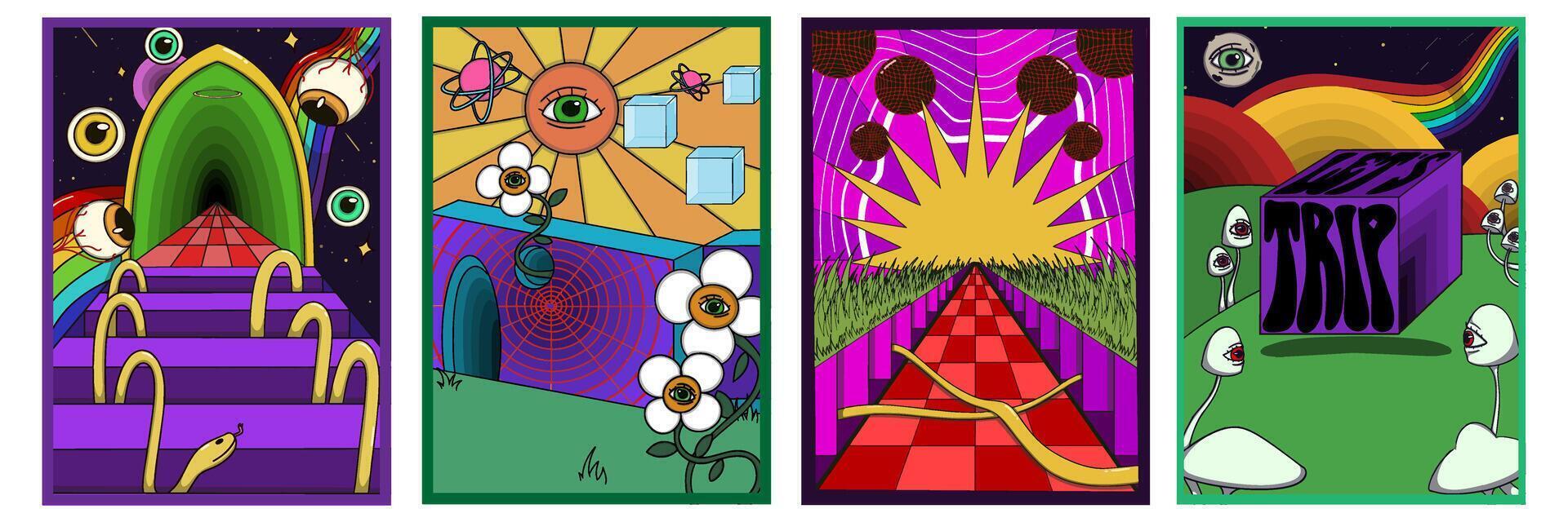 Psychedelic poster set featuring trippy cubes, surreal mushrooms, rainbow skies, cosmic elements, distorted typography, and vibrant dreamlike visuals in bold retro style. vector