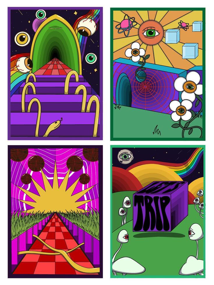 Set of psychedelic posters with trippy cubes, surreal mushrooms, rainbow elements, cosmic backgrounds, distorted text, and vibrant retro visuals in a bold dreamlike style. vector